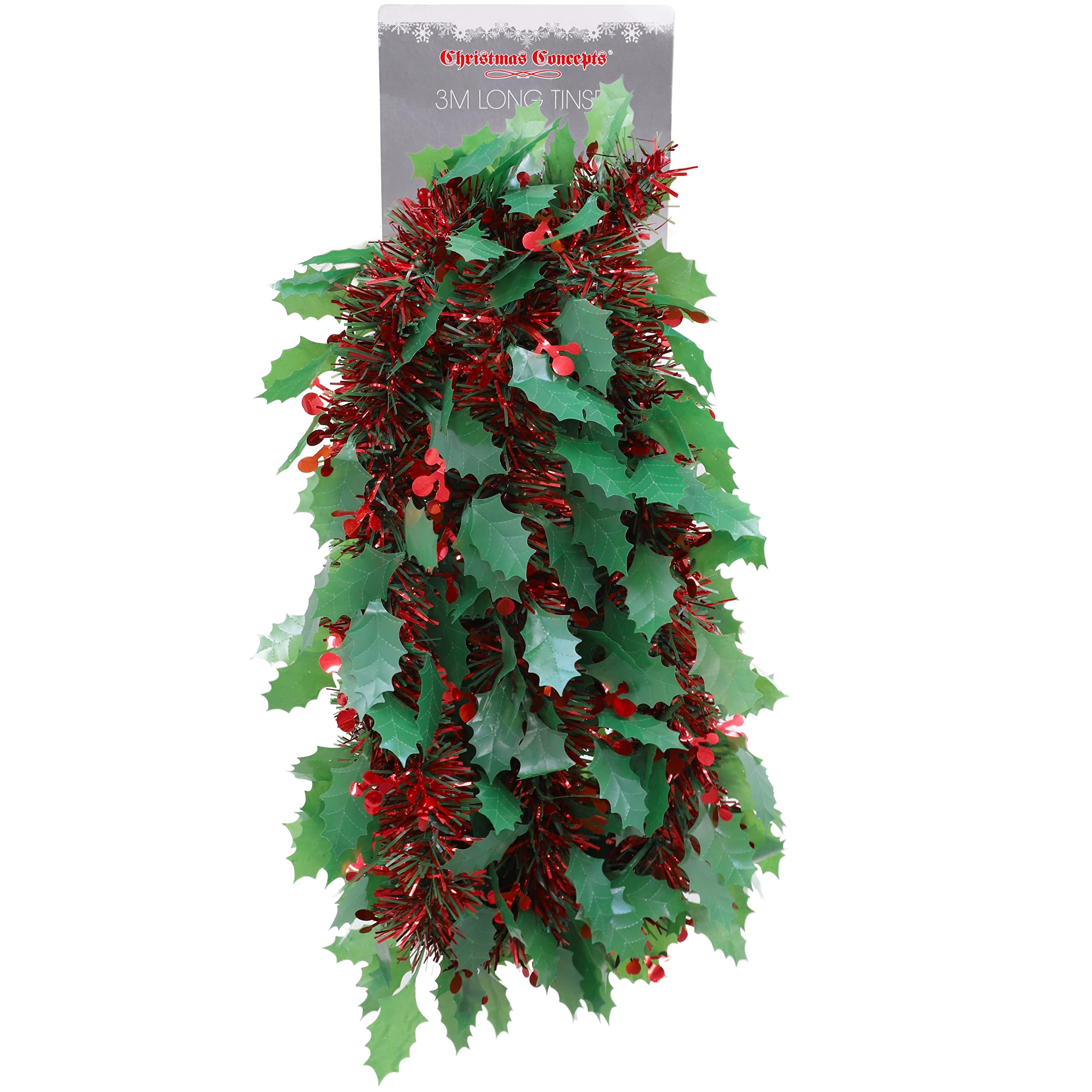 Christmas Concepts® 3m (9.8ft) Chunky/Fine Christmas Tinsel - Christmas Decoration Tinsel (Red & Green with Holly)