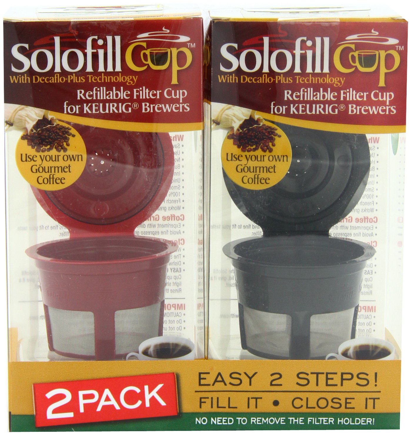 SolofillCup, Refillable Cup For Keurig Single serve cups Brewers, Red and Black (Pack of 2)