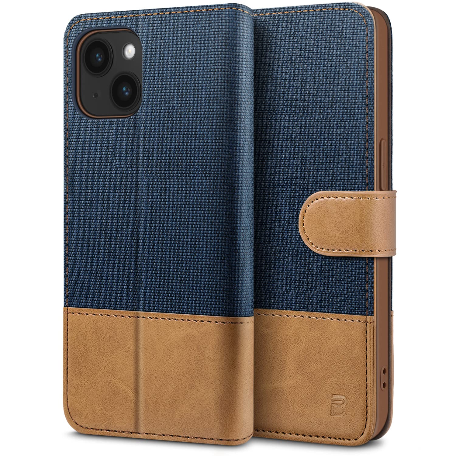 BEZ Case for iPhone 14, iPhone 14 Phone Case Compatible with iPhone 14, Flip Wallet Cover [Canvas Faux Leather] with Credit Card Holders, RFID Blocking, Kick Stand, Magnetic Strap Closure, Blue Navy