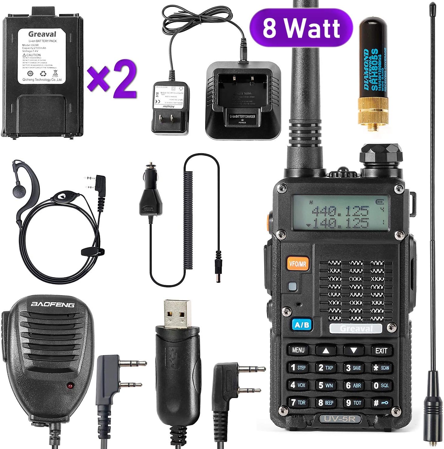 Ham Radio Walkie Talkie (UV-5R 8-Watt) UHF VHF Dual Band 2-Way Radio with 2 Rechargeable 2100mAh Battery Handheld Walkie Talkies Complete Set with Earpiece and Programming Cable