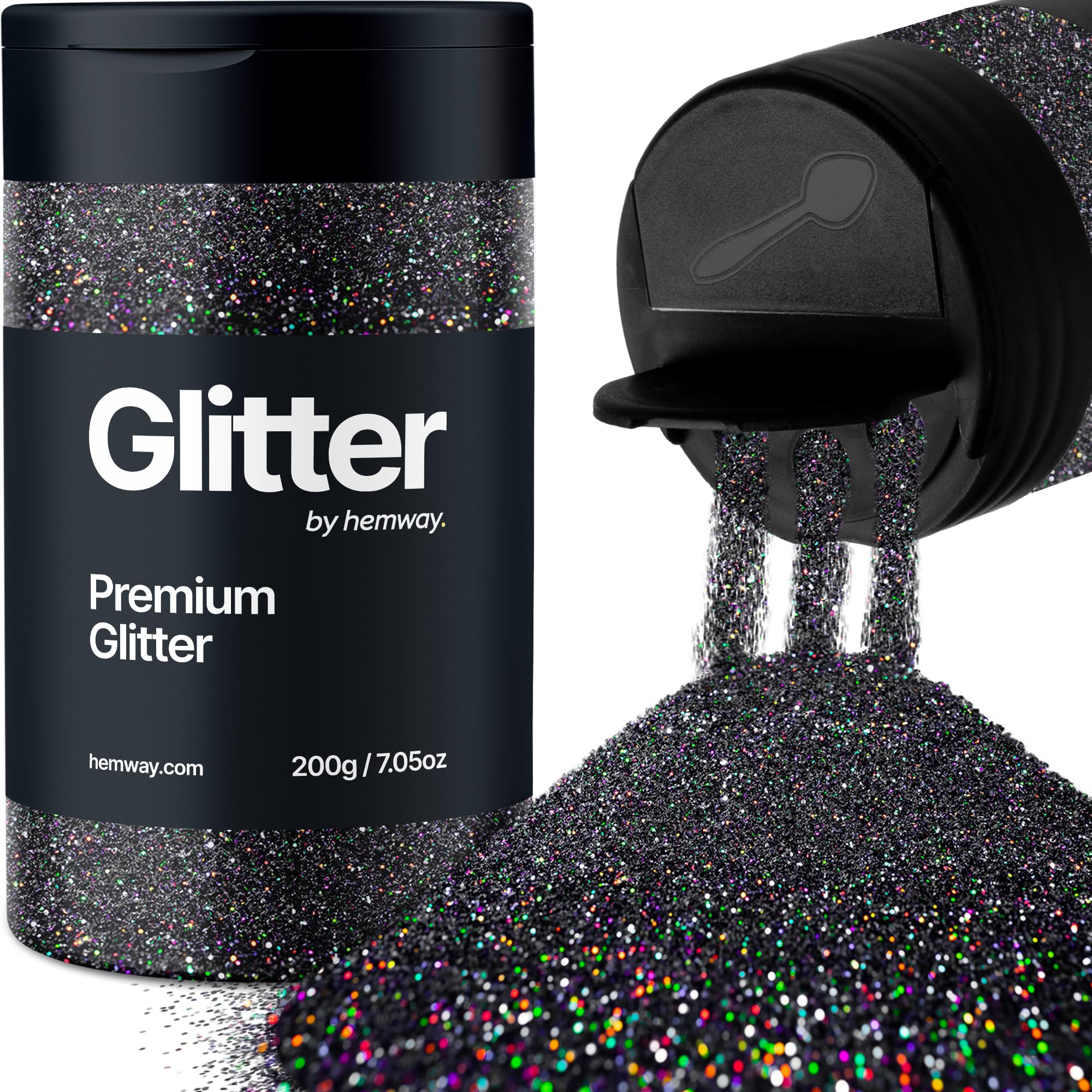 Hemway Black Holographic Glitter Shaker, 200g Ultrafine Glitter for Crafts Metallic Flake Sequins for Resin & Epoxy Crafts for Decorating, Halloween, Christmas, Nail, Face, Bunting, Art, Pots