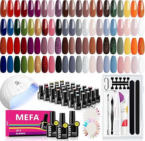 MEFA 60 Pcs Gel Nail Kit with 48W UV Lamp, 42 Colors Red Brown Orange Autumn Gel Polish Set Essential Set with Matte/Glossy Base Top Coat, Cuticle Remover Nail Starters Kit Home Salon