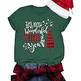 Merry Christmas Shirts for Women Xmas Buffalo Plaid Tree Shirt Top Short Sleeve Casual Graphic Print T Shirt