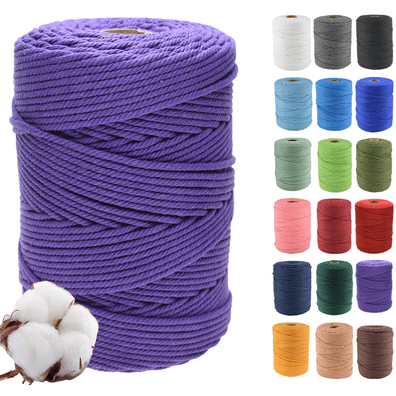 Klhamky 4mm×300m Macrame Cotton Cord, Soft 4 Strand Twisted 100% Natural Cotton for Handmade Wall Hanging, DIY, Craft Making, Knitting, Plant Hangers, Decorative Projects (4mm×300m, Dark Purple)