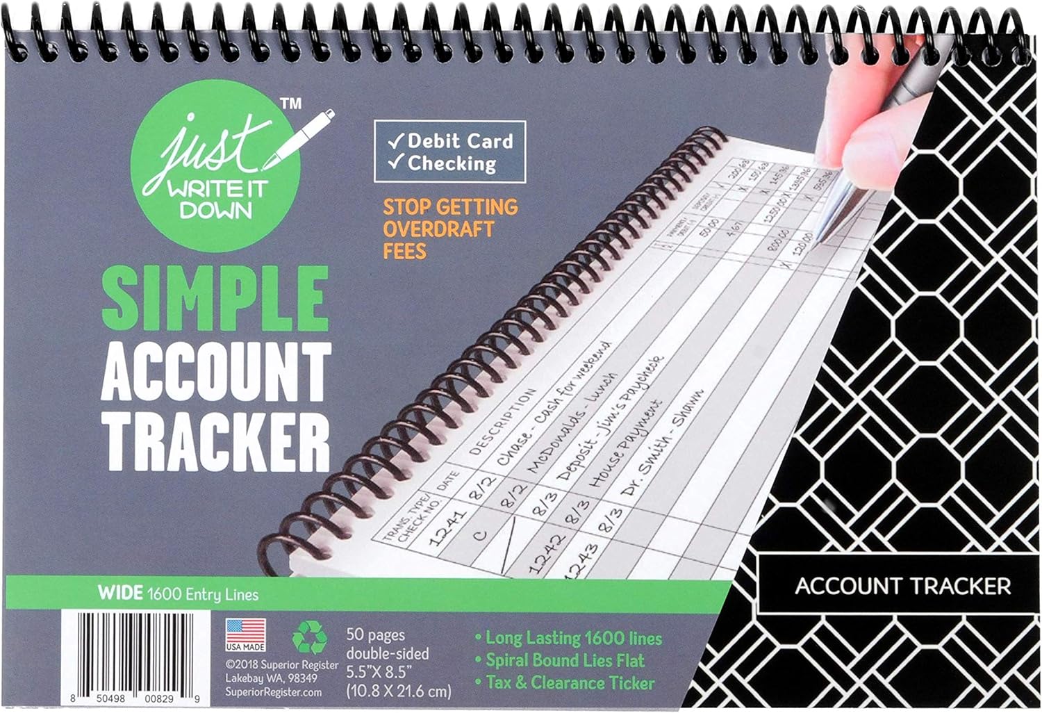 Superior Check and Debit Card Register - Simple Account Tracker - W I D E Edition - Black 8.5 inch x 5.5 inch : Office Products