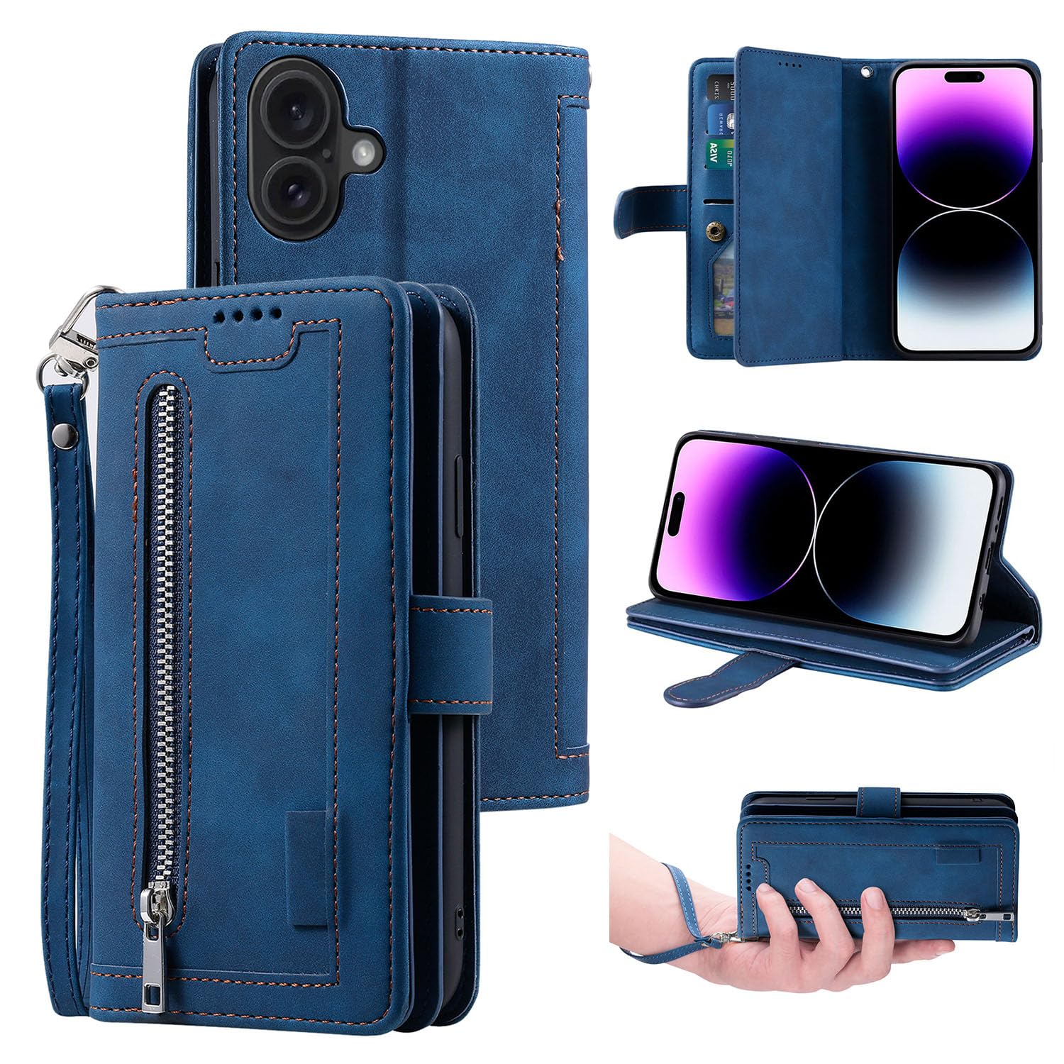 UEEBAI Wallet Case for iPhone 16 6.1", Retro 9 Card Holder Slots Zipper Pocket Handbag Case PU Leather Magnetic Closure Kickstand with Wrist Strap TPU Shockproof Flip Case - Blue