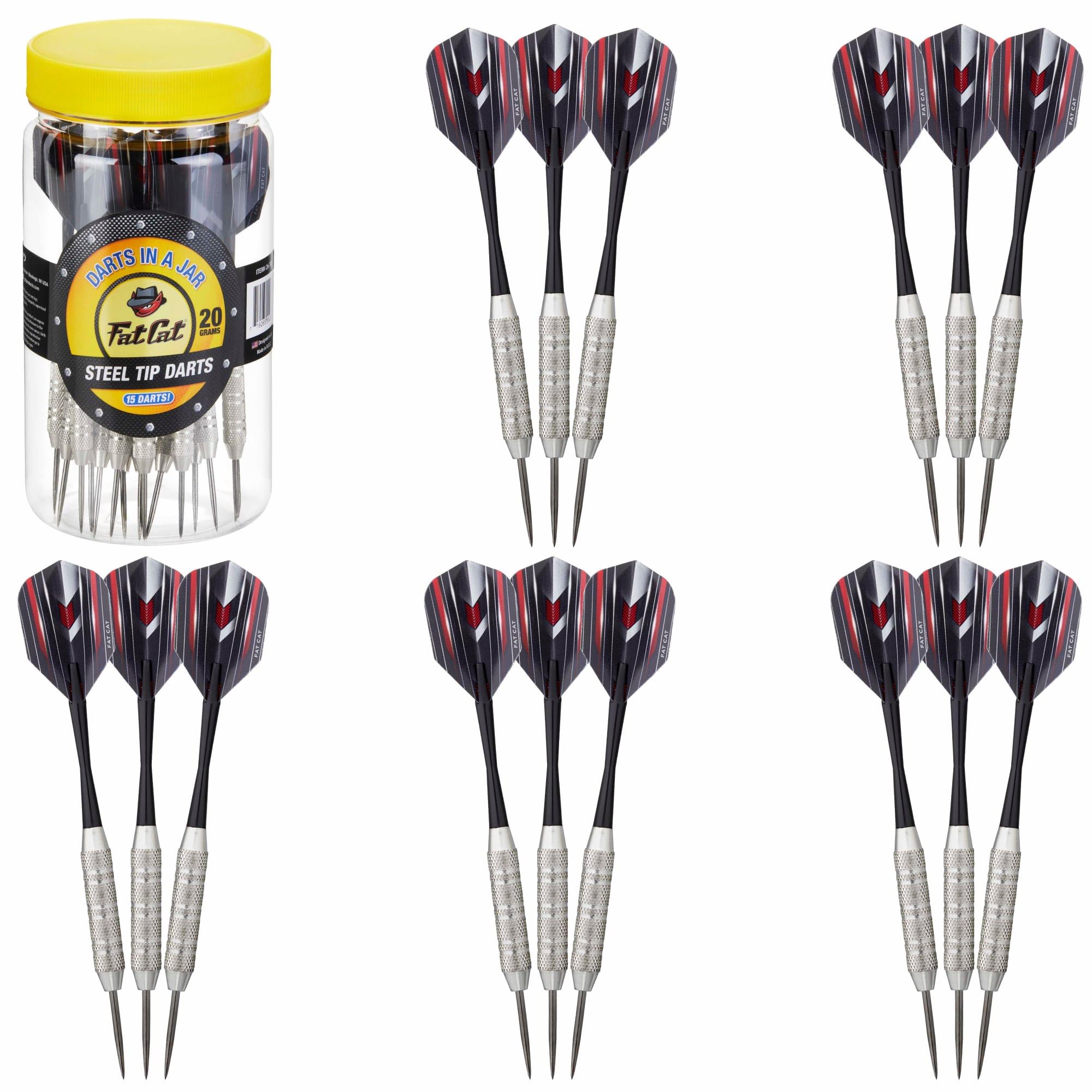 Fat Cat Steel Tip Dart Set (15-Pack), 20-Gram Darts with Plastic Storage Jar for Travel and Easy Organization