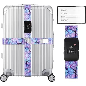 Veki Cross Luggage Straps, TSA Approved with Lock, Purple Butterfly, 1pc | Adjustable Suitcase Belts for Suitcases, Includes