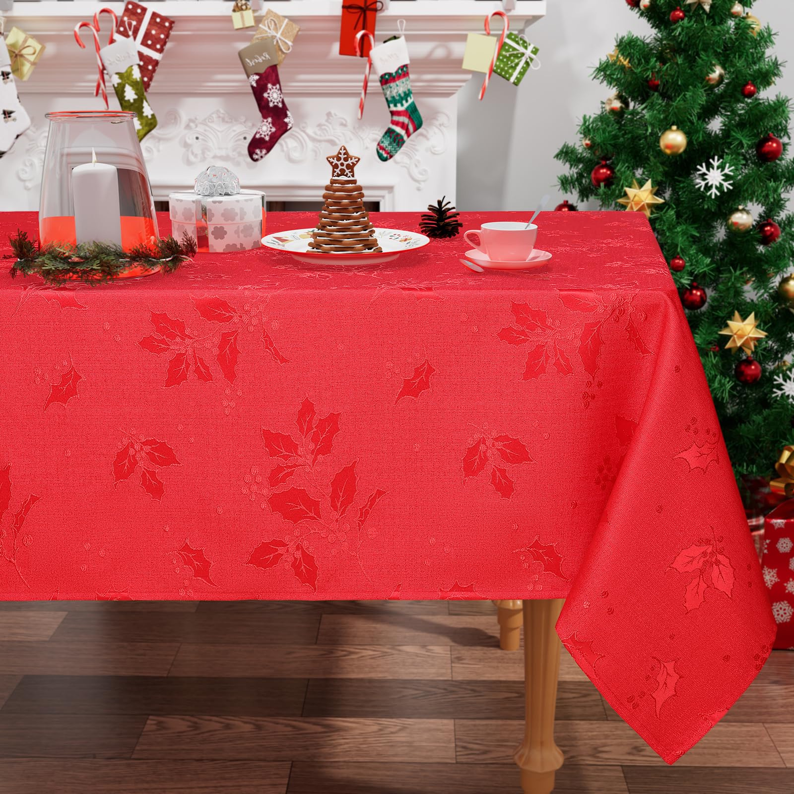 smiry Christmas Table Cloth Wipe Clean 140x100 cm, Xmas Wipeable Rectangle Polyester Tablecloth with Holy Leaves, Fabric Washable Table Cover for Dining Party and Festival, Red