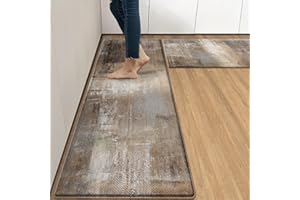 Arttown Brown Grey Painting Anti-Fatigue Kitchen Rug Set of 2 Beige Contemporary Abstract Cushioned Kitchen Floor Standing Mat Waterproof Non-Slip Kitchen Mats and Rugs PVC Ergonomic Comfort Foam Rug