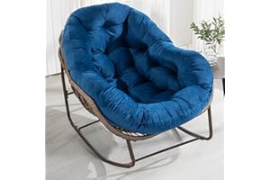 Villeston Outdoor Papasan Rocking Chair - Oversized Comfy Patio Chair Indoor Egg Royal Rattan Rocking Chair with Cushion for Front Porch Lounge Lawn Bedroom Living Room (Blue Velvet)