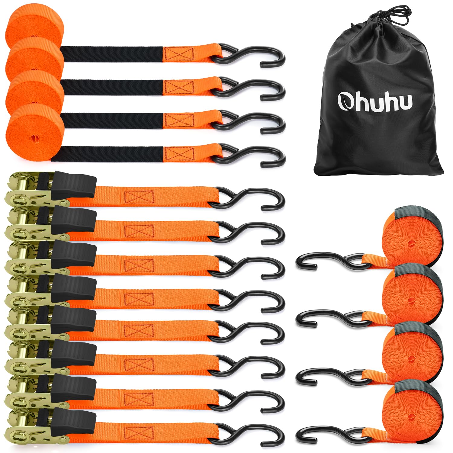 Ratchet Straps with Hook 8 Pack, Ohuhu 4.6m x 25mm 680kg Break Strength Heavy Duty Ratchet Tie Down Straps Lashing Straps with S Hook for Motorcycles/Car/Trailer, Orange