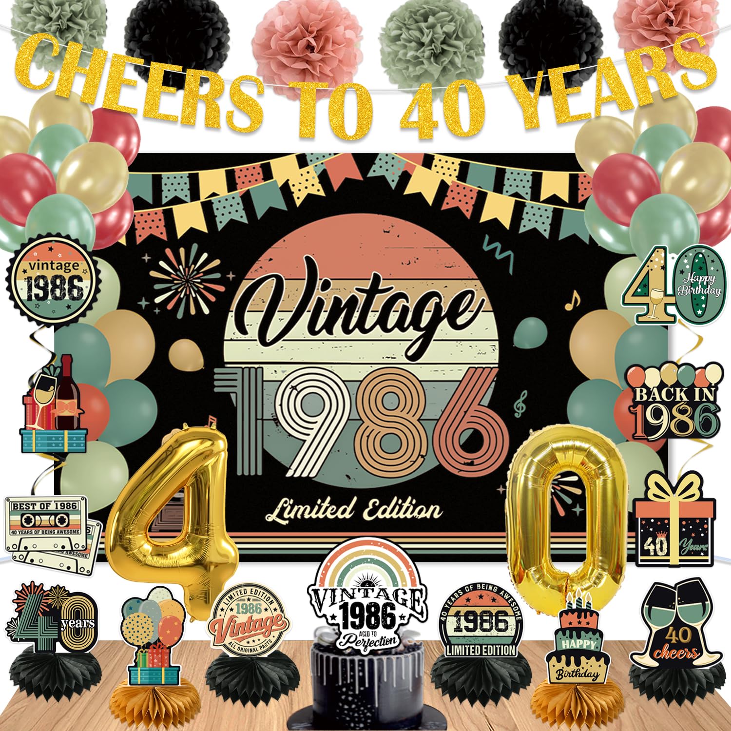 47Pcs 40th Birthday Decorations for Men Women, PRE-STRUNG Vintage 1986 Banner Party Supplies,Back in 1986 Backdrop,Cake Topper,Balloons,6Table Centerpieces,Hanging Swirls,Paper Pompoms PRE-ASSEMBLED
