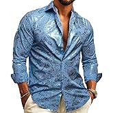 Barry.Wang Mens Dress Shirts Shiny Satin Luxury Paisley Gold Jacquard Slik Long Sleeved Shirt Fashion Wedding Party Prom