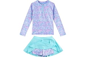 METEORITO Girls Rash Guard Set Two Pieces Printed Zipper Swimsuit Skirt with Shorts 3-12T