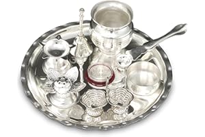 BENGALEN Silver Plated Pooja thali Set 8 Inch with Plate Ghanti Bowl Spoon Dhup Dan Diya Kumkum Holder Coin Puja Thali for Home Mandir Office Wedding Return Diwali Gift Items