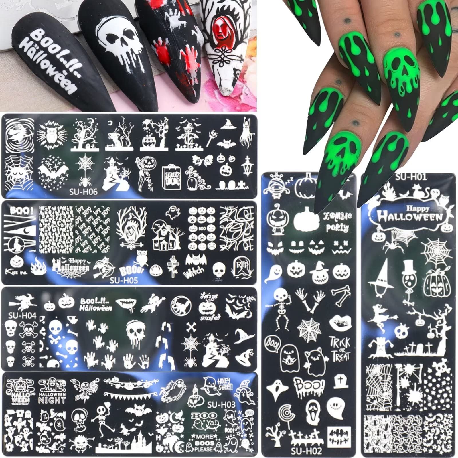 RUNRAYAY Halloween Nail Art Stamping Plates, 6Pcs Halloween Nail Stamp Plate Templates Pumpkin Grimace Skull Eye Holiday Party Manicure Stencils Design Tool