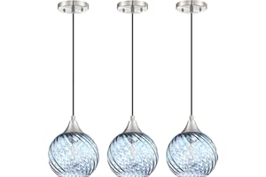 CJY CHENJINYAN 1 Light Hanging Indoor Kitchen Island Pendant Light 6.3" Stripe Wave Glass Pendant Ceiling Light Fixture,Brushed Nickel Finish Modern Farmhouse Dinning Over Sink (Blue Glass, 3 Pack)