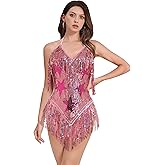 IWEMEK Sequin Sparkle Stars Fringes Bodysuit Leotard Rave Outfit for Women Music Festival Latin Dance Tassel Fringe Romper