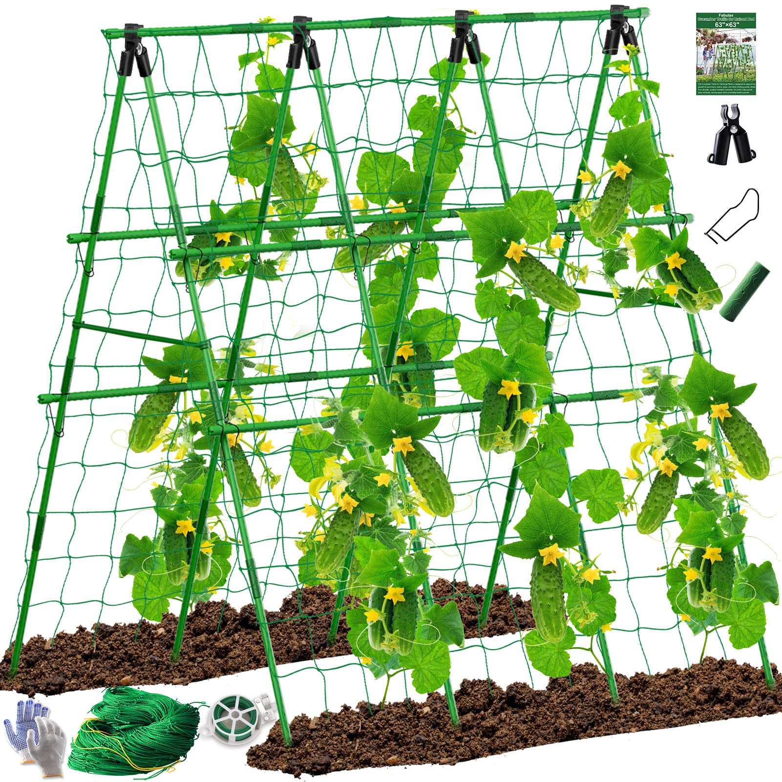 Photo 1 of Fabulas Cucumber Trellis for Raised Bed, 63 x 63 Inch A-Frame Garden Trellises for Climbing Plants Outdoor, Metal Plant Support for Vegetable Tomato Grape Pea Bean, with Garden Netting and Twist Ties