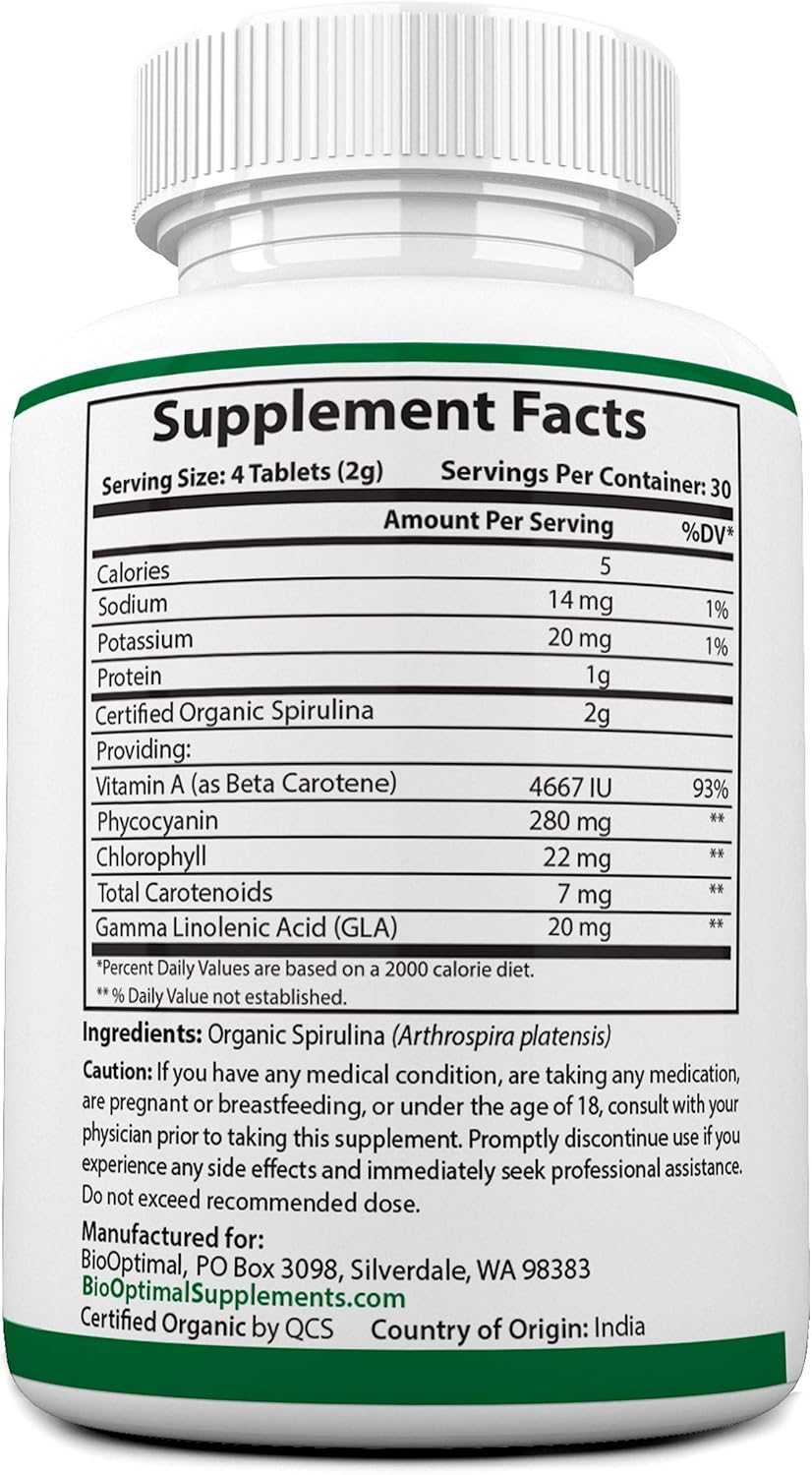 Organic Spirulina Tablets, 100% USDA Organic, Premium Quality 4 Organic Certifications, Non-GMO, No Additives Capsules or Fillers, 120 Count 1 Month Supply: Health & Personal Care