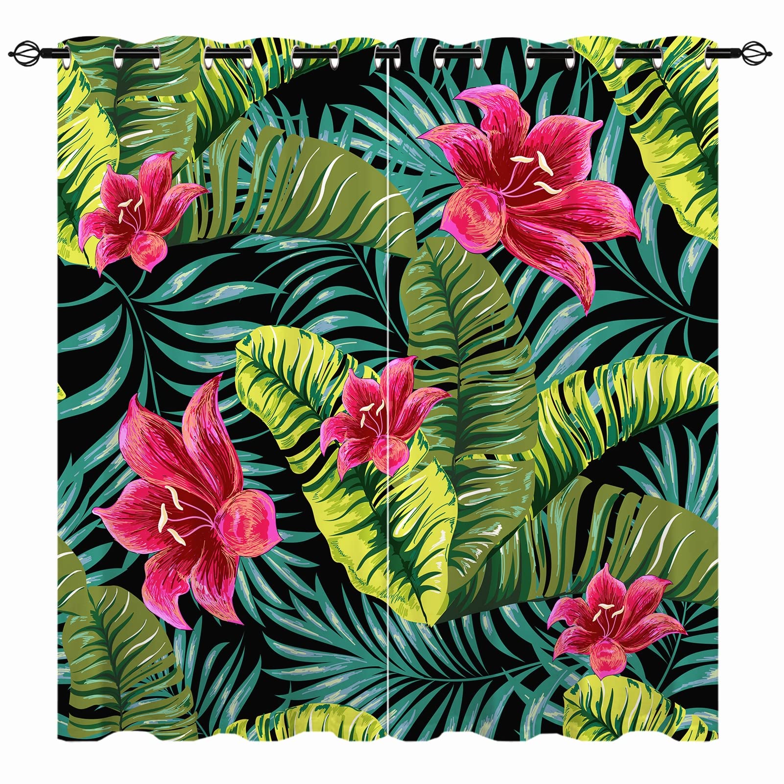 YUANZU Tropical Blackout Curtains - Girls Palm Tree Flowers Jungle Plant Leaves Print Pattern Eyelet Thermal Insulated Room Darkening Window Drapes for Bedroom Living Room 2 Panels W117cm x D183cm