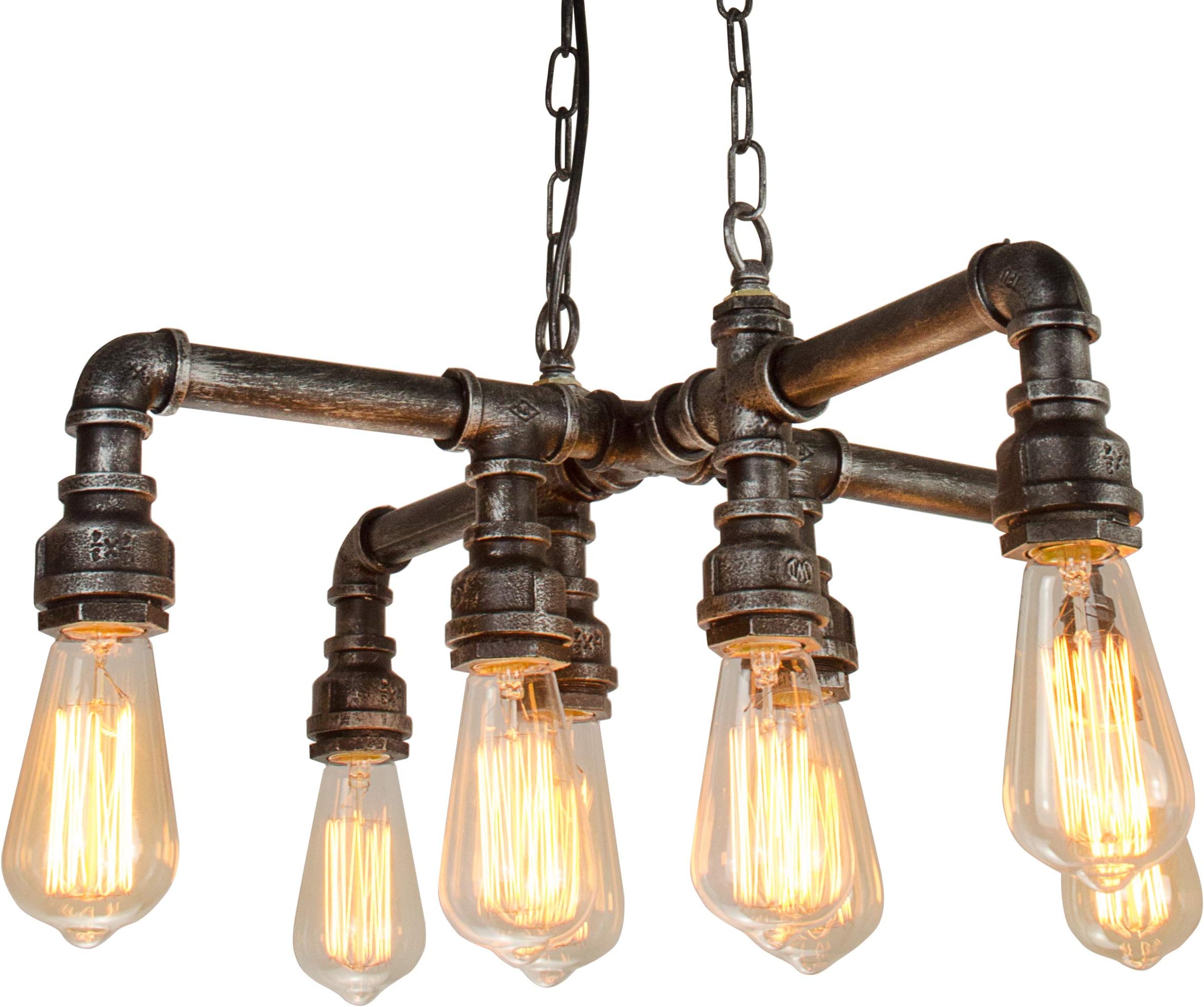EdiMoM Brand; Vintage Metal Multiple Water Pipe Chandelier With Chain, 8 Lights, Max 480W, Black and Sliver