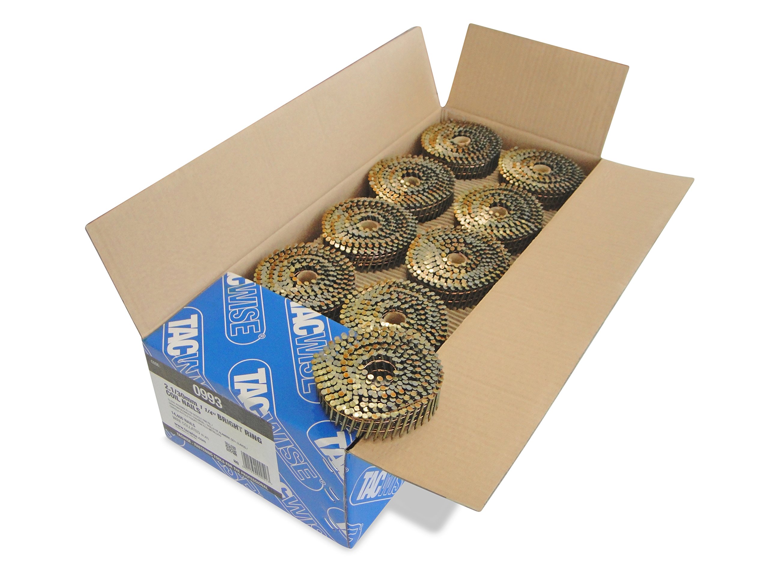 Tacwise 0993 Bright Flat Top Coil Nails Type 2.1 x 30 mm, Diamond Point, Ring Shank, 16° Inclined, Wire Collated, Pack of 14,400