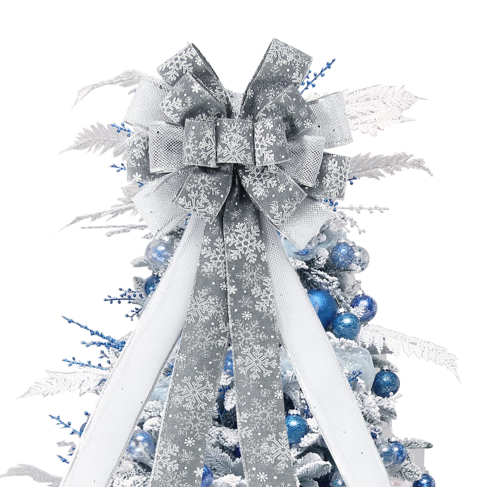 Photo 1 of Christmas Tree Topper Bow, 44X12 Inch Artificial Xmas Tree Flower Topper Decor, for Family, Wedding, Birthday Party, Indoor Outdoor Thanksgiving Christmas Decoration - Grey/Sliver/Snowflake.
