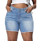 Gocolloa Women Plus Size Jean Shorts Stretchy High Waisted Frayed Raw Hem Denim Shorts 5.5" Inseam