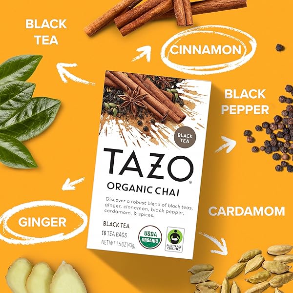 TAZO ORGANIC CHAI BLACK TEA BAGS, CAFFEINATED TEA, 16 TOTAL BAGS