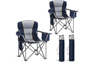 HIGH POINT SPORTS Oversized Portable Camping Folding Chair, Heavy Duty Foldable Outdoor Chair, Camp Chair with Cup Holder and Cooler Bag for Camp, Travel, Support 450 LBS, 2 Pack(Blue)…