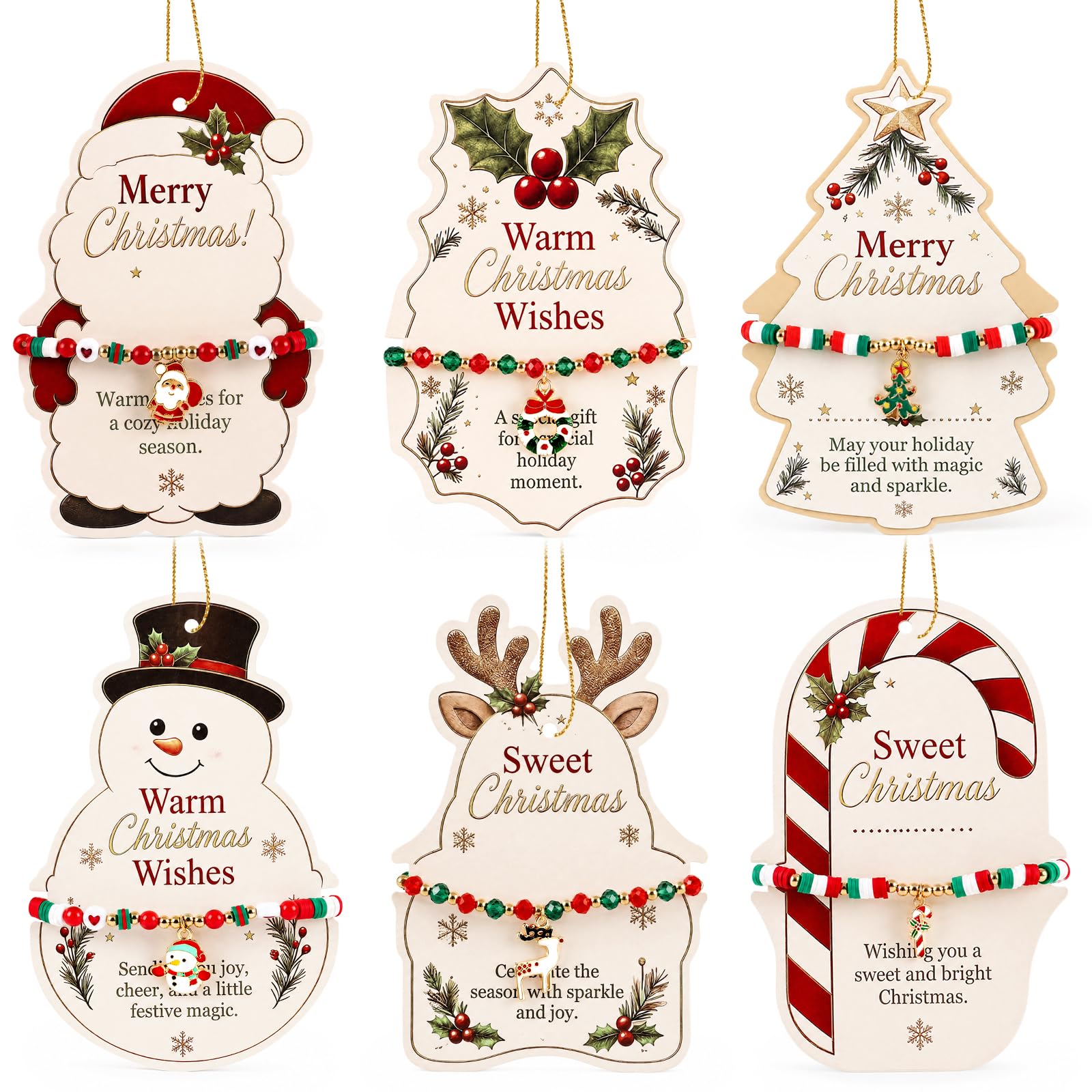 LovesTown 6PCS Christmas Bracelets with Wish Cards, Beaded Charm Gift Set