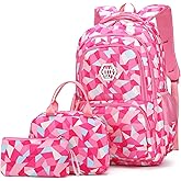 3Pcs Geometric Print Kids Backpack Set for Girls with Lunchbox, Capacity Elementary Middle School Bag Girls Backpack and Lunchbox Set