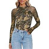 Zeagoo Long Sleeve Shirts for Women Floral Mesh Sheer Top Mock Neck Double Lined Fitted Going Out Blouses