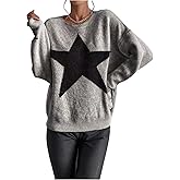 GORGLITTER Women's Star Sweater Long Sleeve Crew Neck Ribbed Knit Drop Shoulder Pullover Jumper Tops Fall