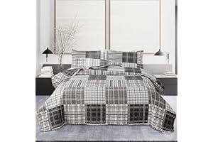 Ycosy King Size Quilt Set Bedding Plaid Patchwork Bedspread Set Soft Lightweight Quilt Bedspread Bedding Black White Grey Pla