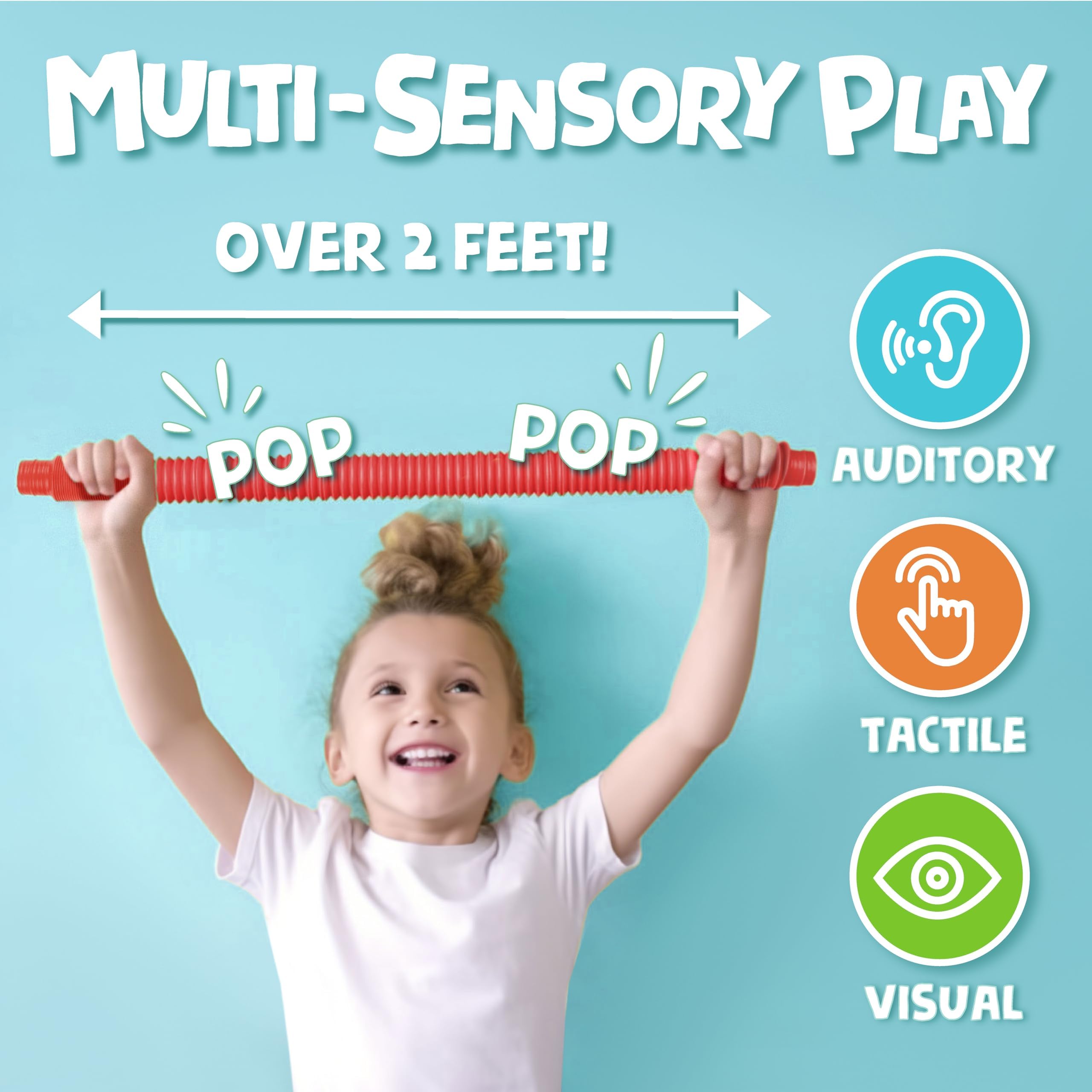 BUNMO Pop Tubes – Large 4-Pack Sensory & Fidget Tubes for Kids 3+ | Stretch, Connect & Pop | Creative STEM Play & Fine-Motor Practice | Vibrant Colors | Non-Mouthable Toy