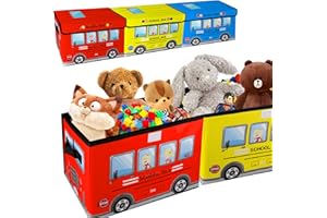 Kids Toy Chest,Toy Chest, Collapsible Storage Cubes Organizer with Handles, Kids Toy Bin with Lids, School Bus Pattern Toy St