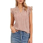 Allegra K Plaid Gingham Top for Women Summer Ruffle Cap Sleeve V Neck Dressy Casual Blouse Cute Tops Shirts