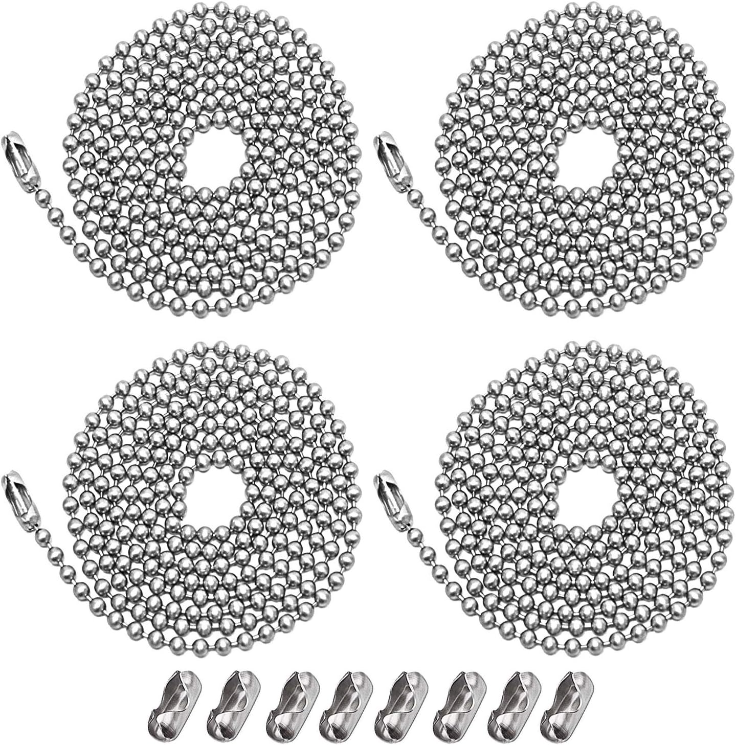 4 pack Beaded Pull Chain Extension, Each Chain Length 39 Inch (1 Meter) with Two Additional Matching Connectors, 3.2 mm Diameter Beaded, Silvery - - 