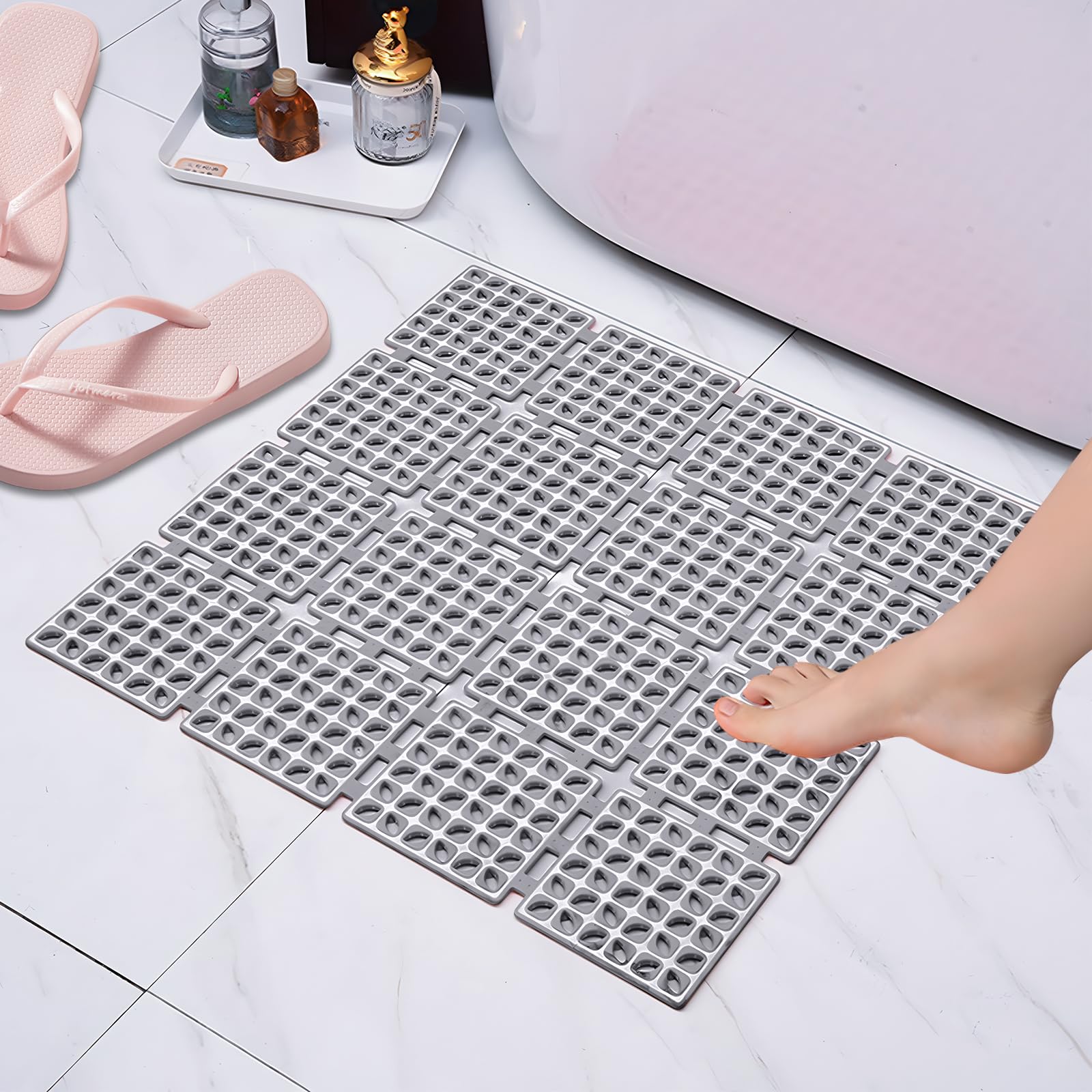 Non-Slip Shower Mat, 60 x 60 cm, Non-Slip Bath Mat, Mildew Resistant and Machine Washable, Bath Mat for Shower with Suction Cups, BPA-Free (Grey)