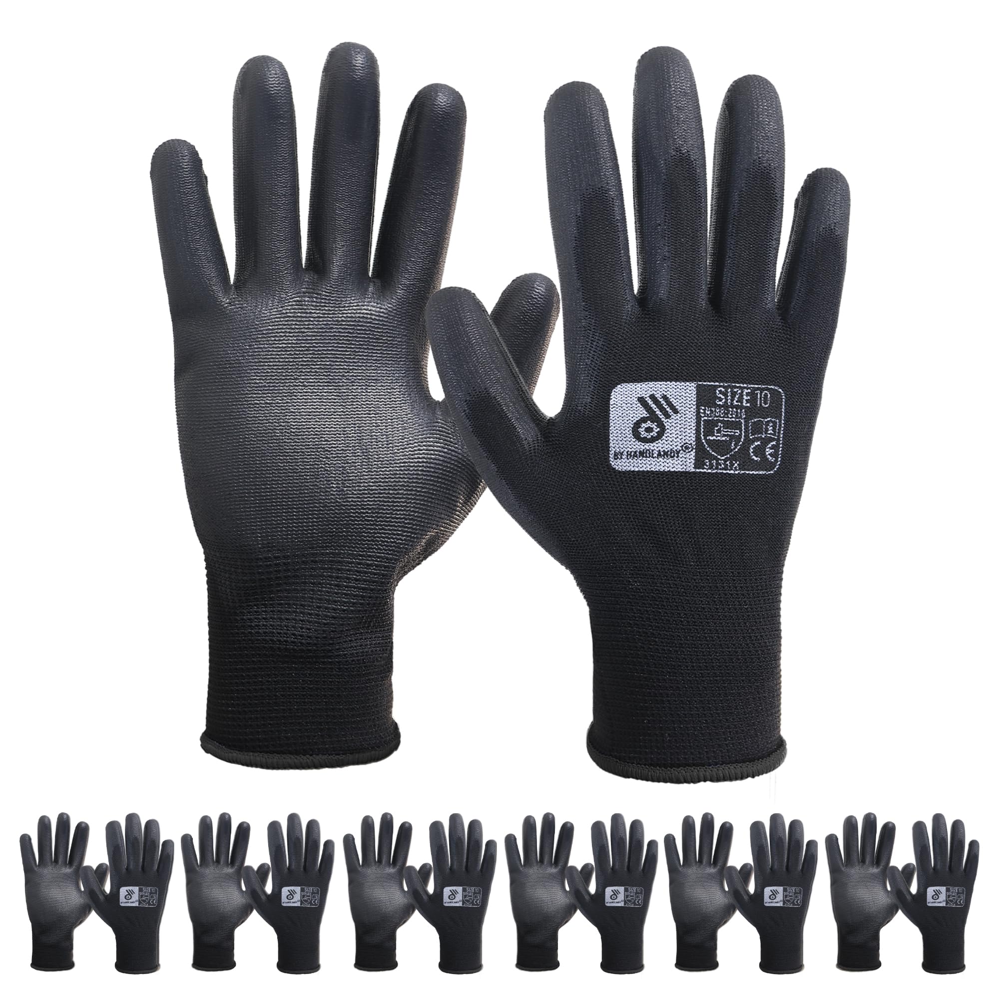 HANDLANDY 6 Pairs PU Coated Nylon Black Protective Work Gloves, Non-slip Flexible Gloves for Construction, Warehouse, Gardening, X-Large — image 1