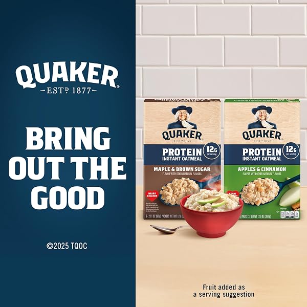QUAKER PROTEIN INSTANT OATMEAL, MAPLE BROWN SUGAR, 12G PROTEIN PER SERVING, WHOLE GRAINS, NO ARTIFICIAL FLAVORS, NO ADDED COLORS, 2.11 OZ PACKETS, (6 PACK)