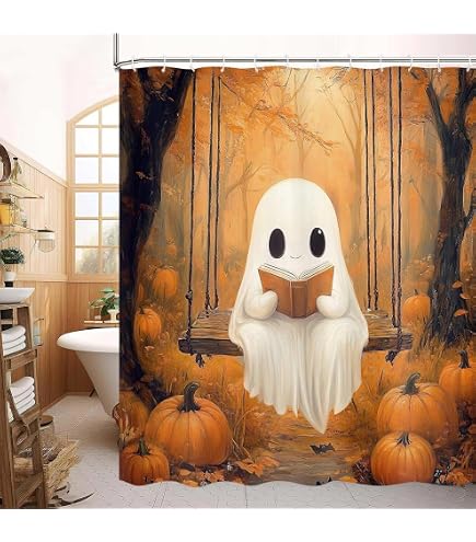 Manfei Cartoon Ghost & Watercolor Daisy Shower Curtain - 84" Long Fabric Bathroom Decor Set With Hooks