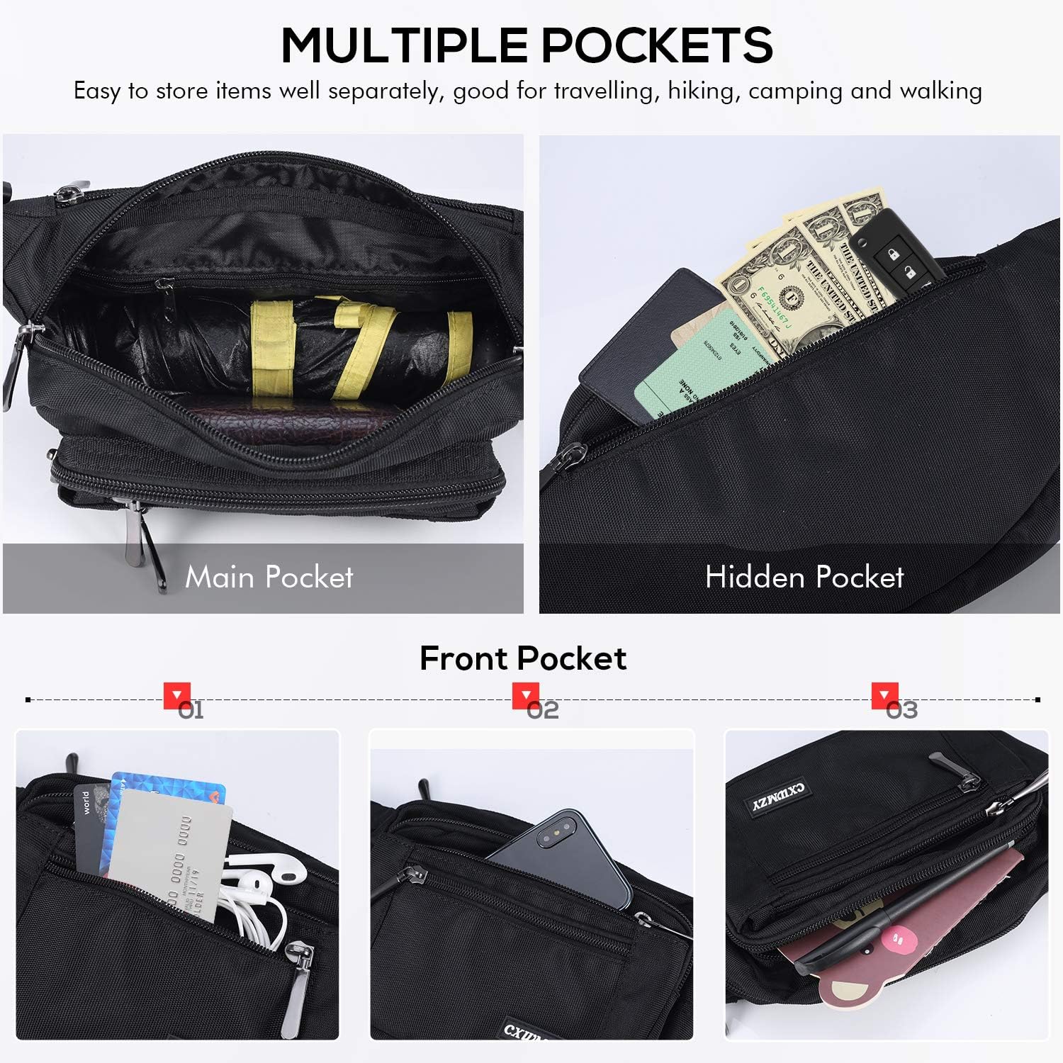 CXWMZY Waist Pack Bag Fanny Pack for Men&Women Hip Bum Bag with Large Capacity Waterproof Adjustable Strap Suitable for Outdoors Workout Traveling Casual Running Hiking Cycling Dog Walking Fishing