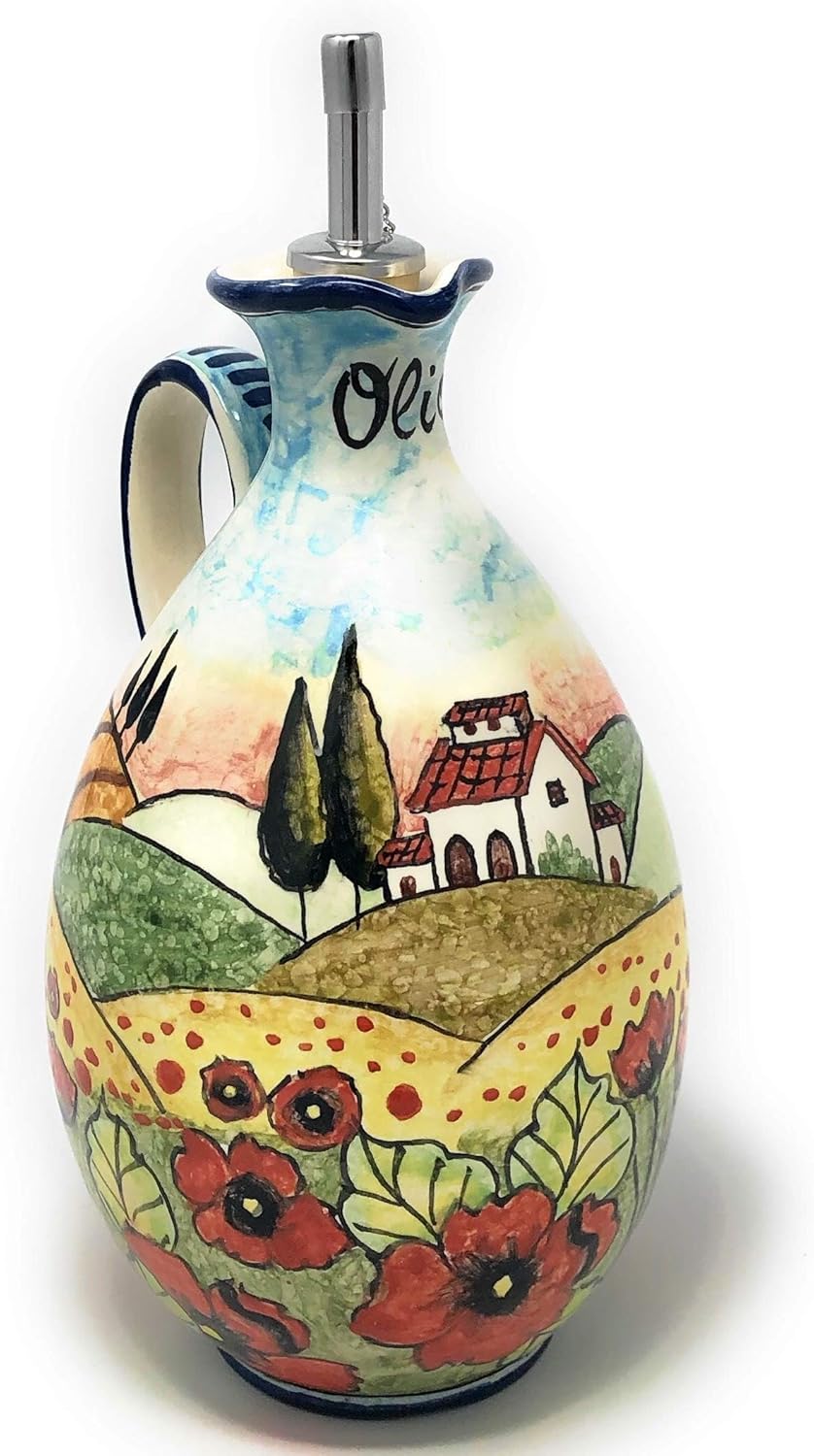 Paintings - CERAMICHE D'ARTE PARRINI - Italian Ceramic Art Pottery Oil Dispenser Cruet Pattern Landscaper Poppies Tuscan Hand Painted Made in ITALY
