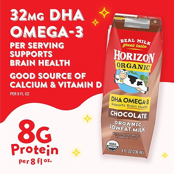 HORIZON ORGANIC SHELF STABLE 1% LOWFAT DHA OMEGA-3 CHOCOLATE MILK BOXES, PACK OF 12 – 8G PROTEIN PER SERVING