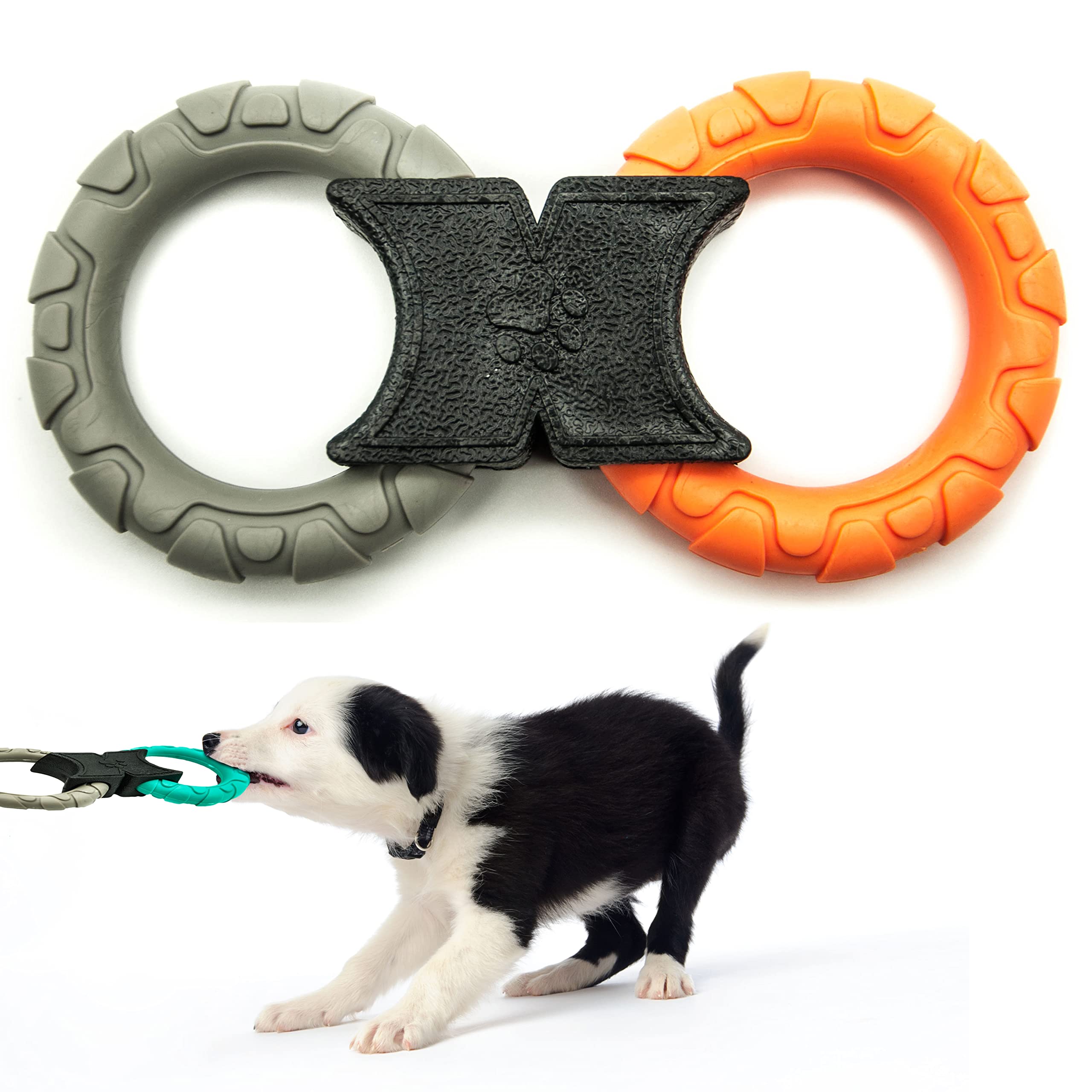 Dog Chew Toy | Rubber Dog Chew Bone Ring Dumbell | Durable Squeaky Dog Bones Pet Chew Tooth Cleaning Ring Toy | Puppy Toys Medium Dog Stuff | Tug Dog Chews for Teeth (Orange, Tug Toy (2 Rings))