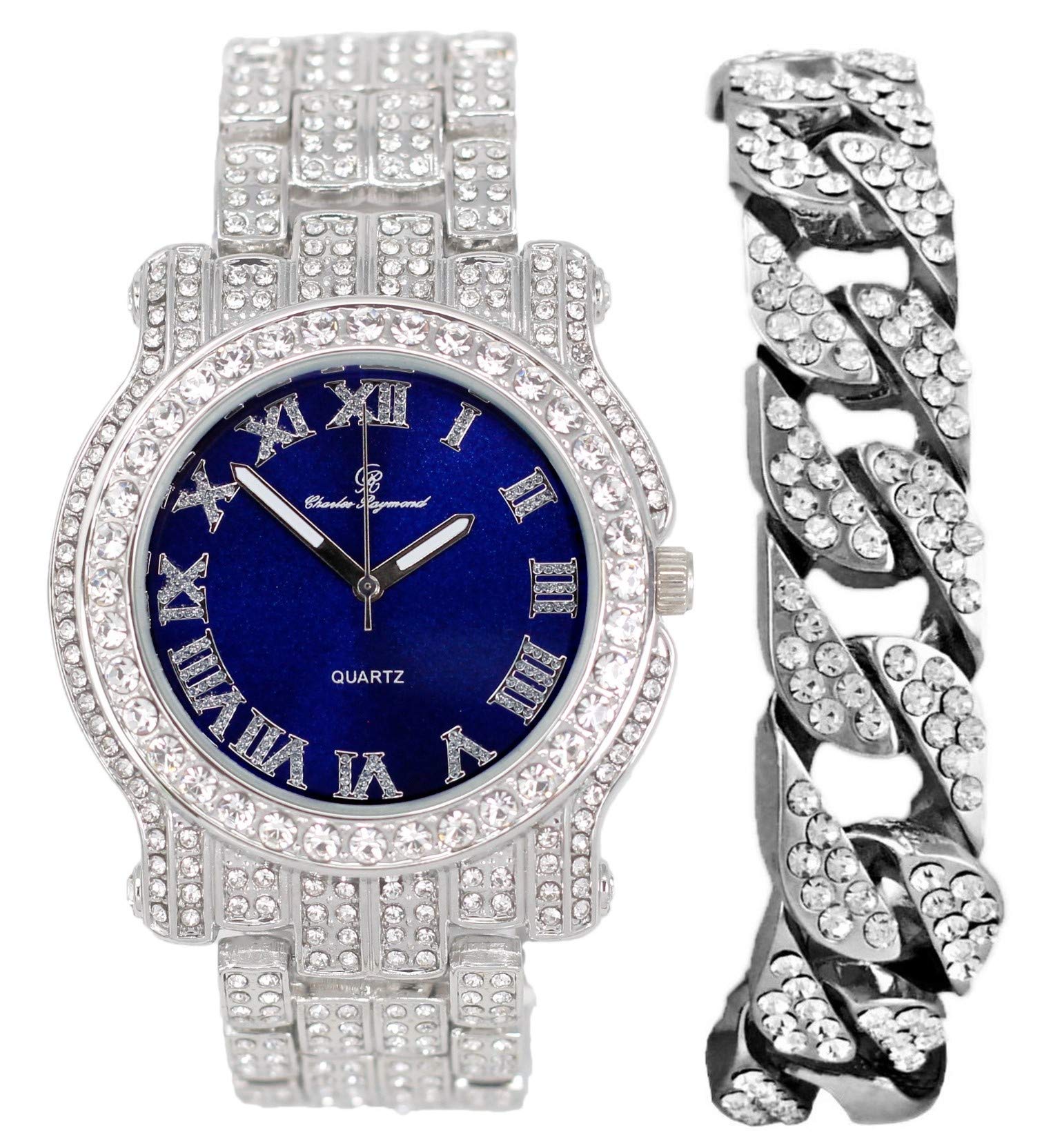 Charles Raymond Bling-ed Out Silver Round Luxury Mens Watch w/Bling-ed Out Bracelet - L0504B, L0504RNB Cuban Silver Royal Blue, mens, L0504B (L0504RNB Cuban Slv Royal Blue)